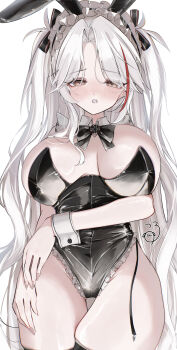 1girl absurdres animal_ears azur_lane black_leotard black_thighhighs blush breasts breasts_apart commentary fake_animal_ears highres huge_breasts leotard long_hair looking_at_viewer multicolored_hair official_alternate_costume parted_lips playboy_bunny prinz_eugen_(azur_lane) prinz_eugen_(between_tipsiness_and_a_wager)_(azur_lane) rabbit_ears red_streaks simple_background streaked_hair suyosuyo thigh_gap thighhighs white_background white_hair wrist_cuffs yellow_eyes