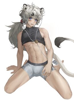 1boy abs animal_ears black_shirt blush boxers chinese_commentary commentary_request digital_media_player earphones highres kneeling kristinacl15115 lingyang_(wuthering_waves) lion_boy lion_ears lion_tail looking_at_viewer male_focus male_underwear navel nipples open_mouth pectorals ponytail shirt sleeveless sleeveless_shirt tail toned toned_male underwear white_background white_male_underwear wuthering_waves