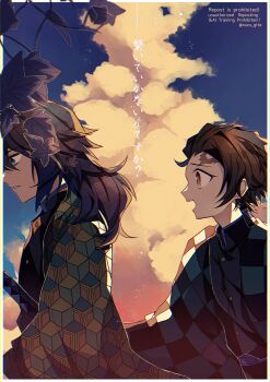 Rule 34 | 2boys, black hair, black jacket, brown hair, buttons, checkered haori, cloud, commentary request, hair between eyes, haori, highres, jacket, japanese clothes, kamado tanjirou, katana, kikkoumon, kimetsu no yaiba, long hair, low ponytail, male focus, multiple boys, open mouth, outdoors, parted lips, ponytail, print haori, profile, short hair, spiked hair, suzu gita, sword, teeth, tomioka giyuu, translation request, upper body, weapon