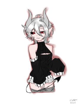 1girl absurdres black_sweater demon_horns demon_tail highres horns non-web_source original pointy_ears red_eyes short_hair skirt sweater tail white_hair white_skirt