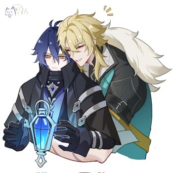 2boys arm_belt arms_around_waist belt belt_buckle black_coat black_gloves blonde_hair blue_gemstone blue_hair buckle closed_eyes closed_mouth coat collared_coat commentary cropped_torso doodle_inset double-parted_bangs flins_(genshin_impact) floating gem genshin_impact gloves grin hair_between_eyes highres hug hug_from_behind jiangyanliang lantern long_sleeves male_focus multiple_boys notice_lines short_sleeves simple_background smile teeth varka_(genshin_impact) white_background yaoi yellow_eyes