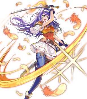 1girl ahoge armor attack belt black_thighhighs blue_boots blue_gloves blue_hair blush boots breastplate breasts brown_belt feathers fighting_stance fingerless_gloves fire fire_emblem fire_emblem:_path_of_radiance fire_emblem:_radiant_dawn fire_emblem_heroes full_body gloves green_eyes hairband headband highres holding holding_sword holding_weapon long_hair looking_at_viewer mia_(fire_emblem) mia_(zenith_challenger)_(fire_emblem) nintendo non-web_source official_alternate_costume official_art okuma_mai open_mouth orange_shirt purple_hair scabbard sheath shirt short_sleeves shoulder_armor simple_background skirt smile solo sparkle sword thigh_boots thighhighs thighs weapon white_background white_hairband white_headband white_shirt white_skirt