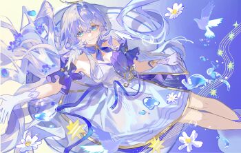 1girl absurdres bird blue_eyes breasts cleavage closed_mouth dress feet_out_of_frame gloves hair_between_eyes heiyi_mataozi highres honkai:_star_rail honkai_(series) large_breasts long_hair outstretched_arm purple_background purple_hair robin_(honkai:_star_rail) smile solo strapless strapless_dress white_gloves