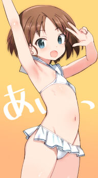 1girl arm_up armpits bikini brown_hair cosplay dot_nose flat_chest girls_und_panzer kantai_collection looking_at_viewer navel open_mouth sakaguchi_karina shimada_fumikane solo standing stomach swimsuit thighs w white_bikini z1_leberecht_maass_(kancolle) z1_leberecht_maass_(kancolle)_(cosplay) z1_leberecht_maass_(swimsuit)_(kancolle)