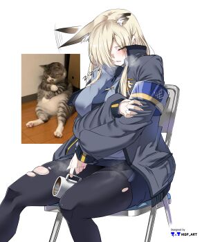 1girl absurdres animal_ears blonde_hair blue_archive cat closed_eyes cup ear_wiggle fox_ears fox_girl highres jacket kanna_(blue_archive) necktie nisp_art pantyhose pencil_skirt sitting skirt sleeping torn_clothes torn_pantyhose white_background