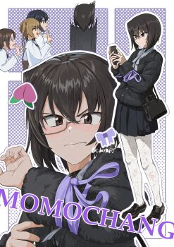 4girls bag black_hair black_shoes black_skirt blonde_hair blush brown_eyes brown_hair cellphone character_cutout food fruit fur_jacket girls_und_panzer handbag highres holding holding_phone jacket kawashima_momo liberta815 monocle multiple_girls ooarai_school_uniform oono_aya peach phone pleated_skirt purple_ribbon ribbon sawa_azusa school_uniform shoes short_hair skirt smartphone thighhighs twitter_username white_thighhighs yamagou_ayumi