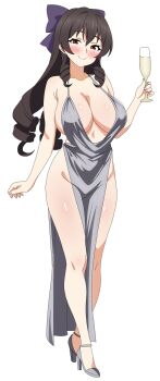 1girl arue_(konosuba) azur_lane bare_shoulders black_hair blush bow breasts champagne_flute cleavage closed_mouth collarbone commentary cosplay cup dress drill_hair drill_sidelocks drinking_glass english_commentary evening_gown frixtied full_body groin hair_bow high_heels highres holding holding_cup jewelry kono_subarashii_sekai_ni_shukufuku_wo! large_breasts long_hair looking_at_viewer necklace no_bra purple_bow red_eyes shoes side_slit sidelocks silver_dress silver_shoes simple_background sleeveless sleeveless_dress smile solo st._louis_(azur_lane) st._louis_(azur_lane)_(cosplay) st._louis_(luxurious_wheels)_(azur_lane) standing thighs white_background