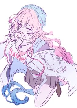 1girl ;) aqua_hair black_skirt blue_hat blue_jacket breasts candy commentary_request crop_top cyrene_(honkai:_star_rail) cyrene_(nylon_japan)_(honkai:_star_rail) cyrene_(ripples_of_past_reverie)_(honkai:_star_rail) food gradient_hair hat heart heart_necklace highres holding holding_candy holding_food holding_lollipop honkai:_star_rail honkai_(series) jacket jewelry large_breasts lollipop long_hair looking_at_viewer multicolored_hair necklace one_eye_closed pink_hair pointy_ears purple_eyes rael7phj3v94056 simple_background skirt smile solo two-tone_hair very_long_hair white_background