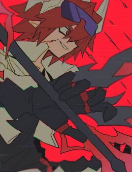 Rule 34 | 1boy, aotu world, black gloves, black shirt, eyewear on head, facial scar, fighting stance, gloves, goggles, goggles on head, grin, hair between eyes, headgear, high collar, highres, holding, holding polearm, holding weapon, jacket, looking to the side, male focus, parted lips, pius (aotu world), pointy ears, polearm, red background, red eyes, red hair, rnlcksmaalcls, scar, scar on cheek, scar on face, shirt, short hair, simple background, smile, solo, teeth, weapon, white jacket