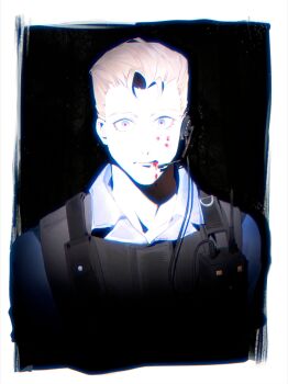 Rule 34 | 1boy, absurdres, albert wesker, black vest, blank stare, blood, blood from mouth, blood on face, blue eyes, blue shirt, collared shirt, facing viewer, hair slicked back, headset, highres, looking at viewer, male focus, overexposure, red pupils, resident evil, shirt, solo, sscolorless, vest, wide-eyed