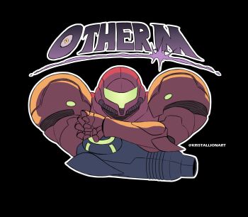 Rule 34 | 1girl, arm cannon, armor, artist name, assault visor, black background, commentary request, copyright name, full armor, green visor, highres, kristallion, metroid, metroid: other m, nintendo, outline, power armor, power suit (metroid), samus aran, science fiction, simple background, solo, twitter username, varia suit, weapon, white outline