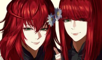 2girls aegyo_sal closed_mouth devola diagonal_bangs eyelashes flower green_eyes hair_between_eyes hair_flower hair_ornament long_hair looking_at_viewer multiple_girls nier nier_(series) pik8w1 pink_lips popola red_hair siblings simple_background smile twins white_background white_flower