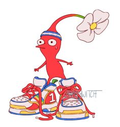 Rule 34 | artist name, canarywitch, flower, highres, nintendo, no humans, oversized clothes, pikmin (creature), pikmin (series), red pikmin, shoes, simple background, sneakers, sweatdrop, white background, white footwear