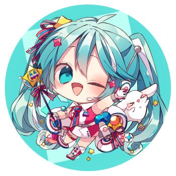 1girl ;d blue_background blue_eyes blue_hair blush boots border chibi chibi_only cinnamoroll collared_shirt commentary_request double-parted_bangs full_body fuwa_fuwa_cinnamoroll hatsune_miku holding holding_wand kaho_0102 long_hair looking_at_viewer necktie one_eye_closed open_mouth outstretched_arm red_boots red_necktie round_border sanrio shirt skirt sleeveless sleeveless_shirt smile solo striped_necktie thigh_strap twintails vocaloid wand white_border white_shirt white_skirt