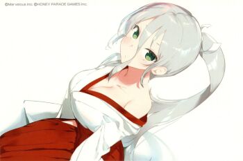 1girl 2025 breasts cleavage closed_mouth color_halftone commentary copyright_name dot_mouth from_above green_eyes grey_hair hair_between_eyes hakama hakama_skirt happy_new_year highres japanese_clothes kimono large_breasts long_hair looking_at_viewer marvelous miko new_year non-web_source official_art ponytail red_hakama ribbon-trimmed_sleeves ribbon_trim scan senkou_(senran_kagura) senran_kagura sitting skirt solo white_kimono wide_sleeves yaegashi_nan