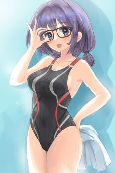 1girl alice_gear_aegis black_one-piece_swimsuit breasts commentary_request competition_swimsuit cowboy_shot glasses holding holding_towel kitagawa_mikio komazoi_eden low_twintails medium_breasts multicolored_swimsuit one-piece_swimsuit purple_hair solo swimsuit towel twintails