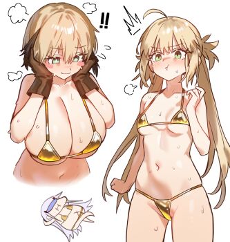 ! !! 3girls :t ahoge alternate_breast_size_(larger) artoria_caster_(fate) artoria_pendragon_(fate) bikini black_hair blonde_hair blush blush_stickers breast_envy breasts cleavage collarbone ebora fate/grand_order fate_(series) gareth_(fate) gold_bikini green_eyes hair_flaps hands_on_own_cheeks hands_on_own_face highres huge_breasts long_hair low_twintails melusine_(fate) micro_bikini multiple_girls navel partially_visible_vulva pout puff_of_air short_hair sideboob simple_background small_breasts stomach sweat swimsuit twintails underboob white_background