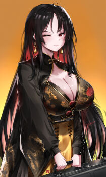 1girl ;) absurdres ahoge black_coat black_hair breasts chinese_clothes cleavage cleavage_cutout clenched_hands clothing_cutout coat colored_inner_hair dress earrings eyewear_hang floral_print glasses goddess_of_victory:_nikke gradient_background highres holding holding_suitcase huge_breasts jewelry long_hair long_sleeves looking_at_viewer mixed-language_commentary moran_(nikke) multicolored_hair one_eye_closed red_eyes red_hair smile solo suitcase unworn_eyewear upper_body very_long_hair wide_sleeves yellow_background yellow_dress zrhnzm