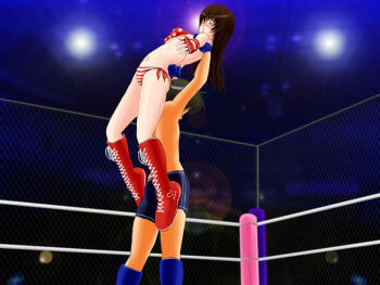 Rule 34 | #13, ayano (#13), bikini, blush, brown hair, gloves, long hair, sakuya (#13), short hair, submission, sweat, swimsuit, wrestling, wrestling ring