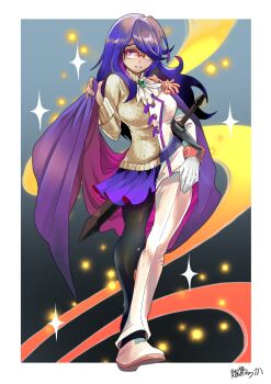 1girl absurdres ascot asymmetrical_clothes belt black_leggings black_shoes cape chinchira commentary commission commissioner_upload cosplay english_commentary glasses gloves highres leggings mahke_etstop_(josh6243) messy_hair original pants purple_cape purple_eyes purple_hair purple_skirt sheath sheathed shoes side_cape skeb_commission skirt sparkle_background split-color_clothes star_(sky) starry_sky_background sweater sword weapon white_gloves white_pants yellow_sweater