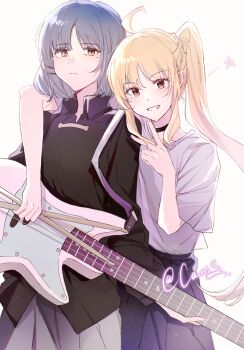 2girls ahoge arm_over_shoulder artist_name bass_guitar black_choker black_shirt blonde_hair blue_hair bocchi_the_rock! canis428 chinese_commentary choker collared_shirt commentary_request drumsticks fender_precision_bass grin hair_ornament hairclip highres holding holding_instrument ijichi_nijika instrument light_frown mole mole_under_eye multiple_girls shirt short_hair side_ponytail signature skirt smile v yamada_ryo