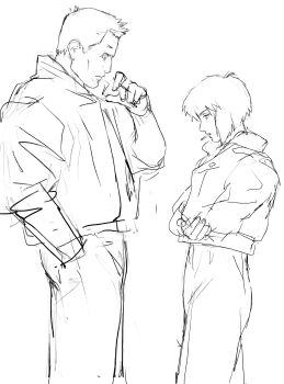 1boy 1girl absurdres aizheajsee artificial_eye batou_(gits) black_outline cigarette cyborg ghost_in_the_shell greyscale highres kusanagi_motoko looking_at_another medium_hair monochrome outline short_hair white_background