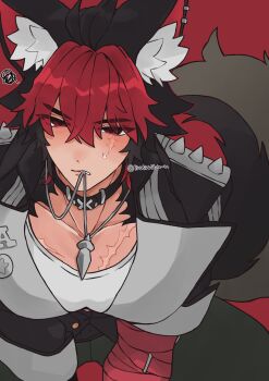 1boy animal_ear_piercing animal_ears black_collar black_hair black_pants blush collar collarbone commentary_request dog_boy dog_ears dog_tail dot_nose earrings feet_out_of_frame hair_between_eyes highres inuinuinu_u jacket jewelry komano_manato male_focus multicolored_hair multiple_earrings necklace necklace_in_mouth open_clothes open_jacket pants piercing red_eyes red_hair scar scar_on_chest scar_on_face shirt solo spiked_jacket sweatdrop tail white_shirt zenless_zone_zero