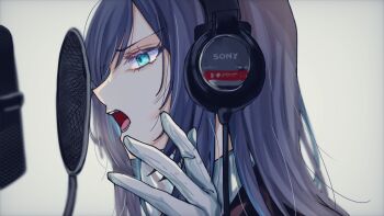 1girl ado_(utaite) black_hair blue_eyes chando_(ado) commentary gloves hashtag-only_commentary headphones long_hair music open_mouth pop_filter portrait simple_background singing solo sony teeth the_first_take utaite white_background white_gloves yowai_sansei831