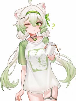 1girl ahoge animal_ears asymmetrical_legwear choker cup ferret_ears ferret_girl food food-themed_necklace fruit gradient_hair green_eyes green_hair hair_between_eyes highres holding holding_cup hot_chocolate jewelry laimu_(vtuber) laimu_(cozy)_(vtuber) lime_(fruit) lime_slice long_hair looking_at_viewer marshmallow multicolored_hair necklace nightbawnana one_eye_closed print_shirt shirt solo t-shirt thigh_strap vinesauce virtual_youtuber white_background white_hair