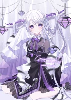 1girl absurdres black_dress brooch commentary_request commission crystal_horns dress fur_shawl gem hair_on_horn highres horns indie_virtual_youtuber jewelry long_hair looking_at_viewer minazuki_miou_(vtuber) purple_eyes purple_gemstone shawl sitting skeb_commission smile solo uri_(heart0nwave) virtual_youtuber wariza white_hair wide_sleeves