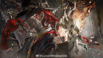 1boy 1girl adjusting_clothes adjusting_headwear aleph_(reverse:1999) ankle_boots black_coat black_hat black_shorts black_vest book book_on_lap boots brown_boots brown_hair cape coat cracked_skin dark_background dice fire from_side full_body gloves green_cape green_eyes green_hat hand_on_headwear hand_up hat highres holding holding_quill horse_statue knee_up long_hair looking_to_the_side merlin_(reverse:1999) mrthersh newsboy_cap open_book pantyhose polyhedral_dice quill recoleta_(reverse:1999) red_gloves red_hair reverse:1999 shirt short_hair shorts sitting statue upper_body vest watermark weibo_watermark white_pantyhose white_shirt