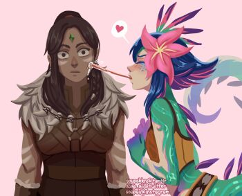 2girls closed_eyes heart highres league_of_legends long_tongue multiple_girls neeko_(league_of_legends) nidalee pink_background simple_background tagme tongue tongue_out yuri