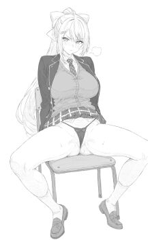 1girl cameltoe chair character_request clothes_lift collared_shirt copyright_request greyscale jacket long_hair looking_at_viewer monochrome necktie on_chair panties pointy_ears ranhatu school_uniform shirt sidelocks sitting skirt skirt_lift socks solo spread_legs sweater thong underwear