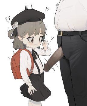 !? 1boy 1girl ? ?? ahoge backpack bag belt blue_borscht braid censored clenched_teeth collared_shirt developing_erection ears flat_cap flower from_side hand_up hat hat_flower hatoba_tsugu head_out_of_frame highres loli long_hair looking_at_penis looking_down mosaic_censoring pants pantyhose penis penis_awe randoseru ribbon rose shirt short_hair skirt sleeve_cuffs standing strap surprised tagme tears teeth tsugu_(vtuber) virtual_youtuber white_background white_pantyhose wide-eyed