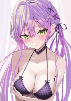 1girl absurdres black_bra bra breasts cleavage collarbone commentary_request green_eyes highres hololive indoors long_hair low_twintails mayuuta1205 medium_breasts purple_hair solo tokoyami_towa twintails underwear upper_body virtual_youtuber window