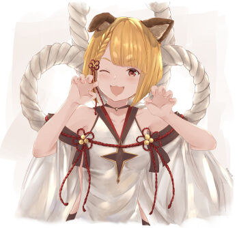 1girl ;3 absurdres animal_ear_fluff animal_ears arms_up blonde_hair blunt_ends braid breasts brown_eyes claw_pose collarbone commentary dog_girl english_commentary erune fingernails granblue_fantasy grey_background hair_ribbon highres midriff nail_polish one_eye_closed pink_lips pink_nails red_ribbon ribbon rizuki_suwoto rope shimenawa short_hair small_breasts solo tabard tassel twitter_username upper_body vajra_(granblue_fantasy)