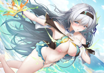 1girl alternate_costume bare_legs bikini black_bikini black_hairband black_jacket blue_eyes breasts censored cleavage commentary firefly_(honkai:_star_rail) groin hair_between_eyes hair_intakes hair_ornament hairband hand_on_own_chest henshin_pose highres honkai:_star_rail honkai_(series) jacket large_breasts legs long_hair looking_at_viewer mosaic_censoring multicolored_bikini multicolored_eyes nail_polish navel nipples open_clothes open_jacket open_mouth pink_eyes pink_nails pussy smile solo stomach swimsuit white_bikini white_hair xfate