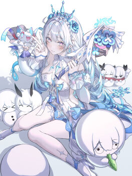1girl bare_shoulders blue_flower blue_hair blue_tiara blush breasts bronya_zaychik cleavage commentary detached_sleeves dress durandal_(honkai_impact) earrings fingernails flower gradient_hair hair_between_eyes hair_flower hair_intakes hair_ornament half_crown_braid hashtag-only_commentary high_heels highres holding honkai_(series) honkai_impact_3rd jewelry kiana_kaslana kiana_kaslana_(ba-dum!_fiery_wishing_star) looking_at_viewer medium_breasts meme multicolored_hair nail_polish neon_(pixiv_31150749) official_alternate_costume parted_lips purple_nails raiden_mei raiden_mei_(herrscher_of_thunder) rice_cake_(honkai_impact) seele_vollerei shoes simple_background smile snowman solo teri_derp_(meme) theresa_apocalypse v white_background white_dress white_hair white_shoes