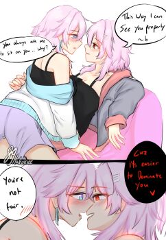 2girls absurdres black_camisole blue_eyes blush camisole commentary dual_persona earrings english_commentary english_text evernight_(honkai:_star_rail) eye_contact grey_hoodie hakukiee hand_on_another&#039;s_waist highres honkai:_star_rail honkai_(series) hood hoodie imminent_kiss jewelry looking_at_another march_7th_(honkai:_star_rail) multicolored_eyes multiple_girls parted_lips purple_eyes purple_shorts red_eyes selfcest shorts simple_background smile speech_bubble two-tone_eyes white_background white_hoodie yuri