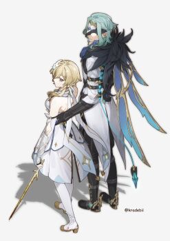 1boy 1girl absurdres aqua_hair arm_around_back backless_dress backless_outfit black_pants blonde_hair coat commentary couple dottore_(genshin_impact) dress english_commentary evil_smile feathers frown genshin_impact half_mask hetero highres holding holding_sword holding_weapon kradebii lumine_(genshin_impact) mask mixed-language_commentary pants pantyhose scarf shadow smile sword tailcoat twitter_username weapon white_coat white_dress white_pantyhose white_scarf yellow_eyes