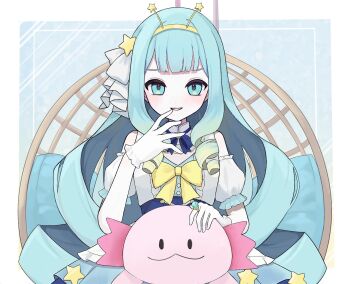 1girl arm_garter axolotl blonde_hair blue_bow blue_bowtie blue_eyes blue_hair bow bowtie commission dress finger_to_mouth frilled_dress frills gloves gradient_hair hair_ornament hair_ribbon hairband highres jelly_hoshiumi jelly_hoshiumi_(1st_costume) jewelry long_hair multicolored_hair n_yu_i phase_connect ribbon ring second-party_source skeb_commission star_(symbol) star_hair_ornament two-tone_dress virtual_youtuber white_dress white_gloves white_ribbon yellow_bow yellow_hairband