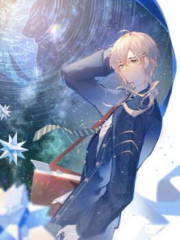 Rule 34 | 1boy, ahoge, alkaid mcgrath, alkaid mcgrath (legendary whale song), aqua necktie, bag, black pants, blonde hair, blue cardigan, blue ribbon, border, brown bag, buttons, cardigan, chinese commentary, closed mouth, collared shirt, commentary, commentary request, cowboy shot, diagonal-striped clothes, diagonal-striped necktie, diamond button, english commentary, from side, green eyes, hair between eyes, hair ornament, hairclip, hand on own head, highres, irregular border, long sleeves, looking at viewer, looking to the side, lovebrush chronicles, male focus, medium hair, mixed-language commentary, nash5, necktie, official alternate costume, open cardigan, open clothes, outside border, pants, refraction, ribbon, satchel, shirt, shoulder bag, sideways glance, sky, small stellated dodecahedron, smile, solo, standing, star (sky), star trail, starry sky, striped clothes, tie clip, white border, white shirt