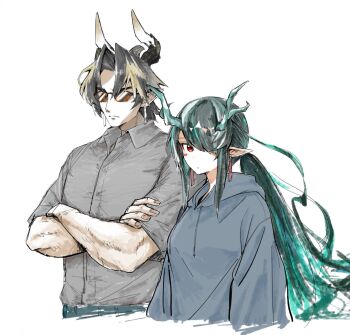 Rule 34 | 1boy, 1girl, alternate costume, arknights, black hair, chongyue (arknights), collared shirt, dragon boy, dragon girl, dragon horns, dusk (arknights), grey hoodie, hair over one eye, highres, hood, hoodie, horns, koke (kocketmonster), multicolored hair, pointy ears, ponytail, red eyes, shirt, streaked hair, sunglasses