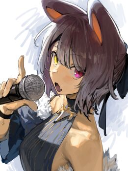 1girl absurdres animal_ears armpit_crease bare_shoulders blue_bow blue_dress blue_sleeves bow bracelet breasts brown_hair collarbone commentary_request detached_sleeves dog_ears dress fang from_side fur-trimmed_sleeves fur_trim hair_bow halter_dress halterneck hand_up heterochromia highres holding holding_microphone inui_toko inui_toko_(nornis) jewelry looking_at_viewer looking_to_the_side medium_breasts medium_hair microphone nijisanji open_mouth portrait red_eyes short_sleeves skin_fang solo textless_version virtual_youtuber white_background yellow_eyes zxjv