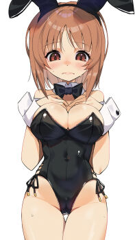 1girl animal_ear_hairband animal_ears black_bow black_bowtie black_hairband black_leotard blaze_(blazeillust) blush bow bowtie breast_suppress breasts brown_eyes brown_hair cameltoe commentary_request covered_navel cowboy_shot detached_collar embarrassed fake_animal_ears girls_und_panzer groin hairband hands_on_own_chest highleg highleg_leotard highres leotard looking_down medium_breasts medium_hair nervous_sweating nishizumi_miho playboy_bunny rabbit_ear_hairband rabbit_ears see-through_clothes see-through_leotard simple_background solo strapless strapless_leotard sweat thigh_gap traditional_bowtie very_sweaty white_background wing_collar wrist_cuffs