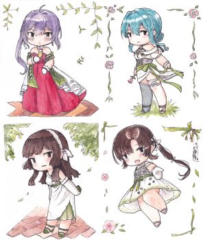 4girls akebono_(12th_anniversary)_(kancolle) akebono_(kancolle) black_hair blush brown_hair chibi chibi_only commentary cup dress drinking_glass elbow_gloves flower freckles gloves gotland_(13th_anniversary)_(kancolle) gotland_(kancolle) green_shoes grey_thighhighs hair_ribbon hairband highres holding holding_cup kantai_collection leaf long_hair mogador_(anniversary)_(kancolle) mogador_(kancolle) multiple_girls nankai_(kancolle) nosaki_kai_(anniversary)_(kancolle) open_mouth pink_flower poipoi_purin purple_hair red_dress ribbon shoes side_ponytail single_thighhigh standing strapless strapless_dress thighhighs untranslatable_commentary white_dress white_gloves white_hairband white_shoes