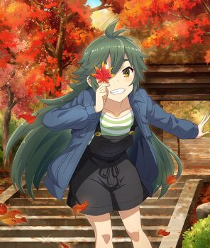 Rule 34 | 1girl, antenna hair, autumn, autumn leaves, black overalls, black shorts, blue coat, bush, coat, collarbone, covering one eye, dappled sunlight, day, dot nose, falling leaves, feet out of frame, fujimaki minaki, game cg, green hair, green shirt, grin, hair between eyes, holding, holding leaf, leaf, leaning forward, long hair, long sleeves, looking at viewer, official art, open clothes, open coat, outdoors, outstretched arm, overalls, rock, shirt, short eyebrows, shorts, smile, solo, sparkle, stairs, stone stairs, striped clothes, striped shirt, sunlight, thick eyebrows, third-party source, toji no miko, toji no miko: kizamishi issen no tomoshibi, tree, yellow eyes