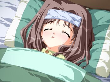 1girl asou_touri bed blush brown_hair doko_e_iku_no_ano_hi fever futon game_cg kanno_touko non-web_source pajamas pillow sick sleeping sweat towel towel_on_head wet_towel