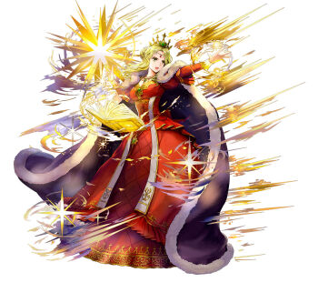 1girl asatani_tomoyo attack blonde_hair book breasts cape circlet cleavage dress fire_emblem fire_emblem:_the_binding_blade fire_emblem_heroes full_body fur-trimmed_cape fur_trim gold_trim green_eyes guinevere_(fire_emblem) guinevere_(queen_of_bern)_(fire_emblem) hair_bun holding holding_book juliet_sleeves light long_hair long_sleeves magic medium_breasts nintendo official_alternate_costume official_alternate_hairstyle official_art open_book open_mouth puffy_sleeves purple_cape red_dress shine single_hair_bun solo third-party_source v-shaped_eyebrows white_background