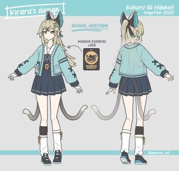 1girl alternate_costume asymmetrical_legwear black_shoes brown_hair cat_tail character_name closed_mouth english_text from_behind full_body genshin_impact green_eyes highres hoyofair jacket kirara_(genshin_impact) long_hair long_sleeves looking_at_viewer mhunter_45 mismatched_legwear multicolored_hair multiple_tails multiple_views open_clothes open_jacket school_uniform shoes simple_background skirt socks streaked_hair tail two_tails white_socks